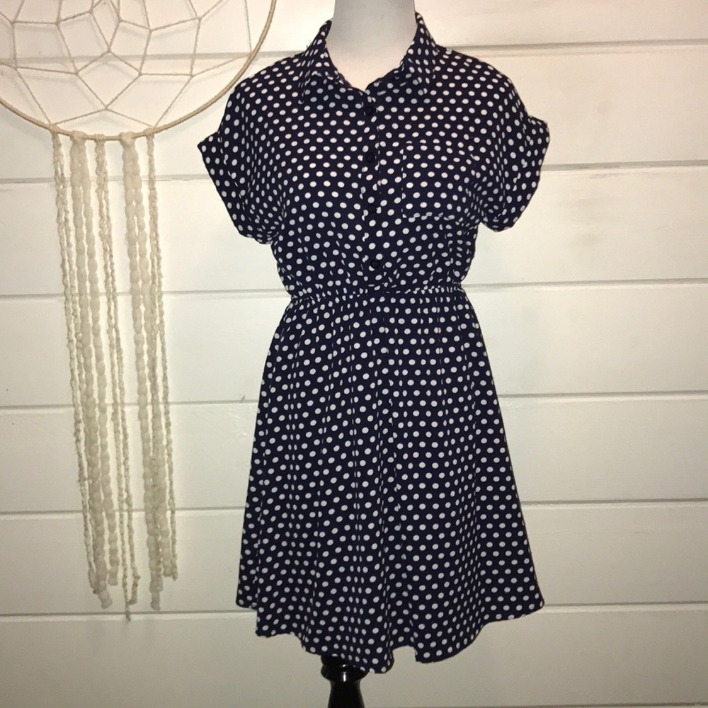 Navy and white polka dot dress